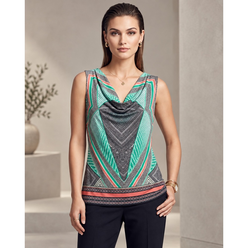 CALVIN KLEIN Women's New Top Blouse LARGE Geometric Print Cowl Neck M2BHZ837